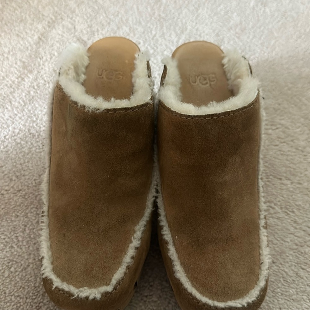 UGG Aubrianna Heeled Shearling Clog in Chestnut Suede  Size 7 New Without Box